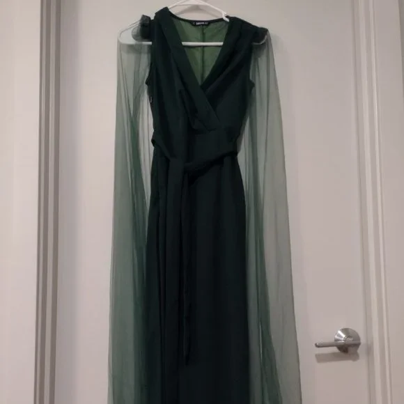 Dresses | Brand New Dark Green Dress With Mesh Cape | Poshmark